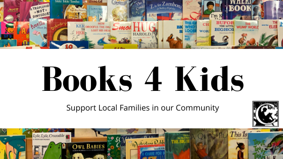 Children's books with the text Books 4 Kids, Support Local Families in our Community and the Country Bookshelf Logo