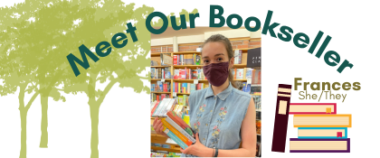 Meet Our Bookseller Banner with a portrait of Frances